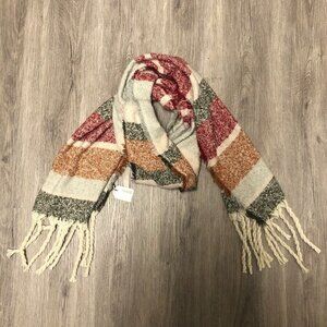 NWT Chunky Plaid Scarf Neutral Tone Multicolor Thick Blanket Scarf Fringe